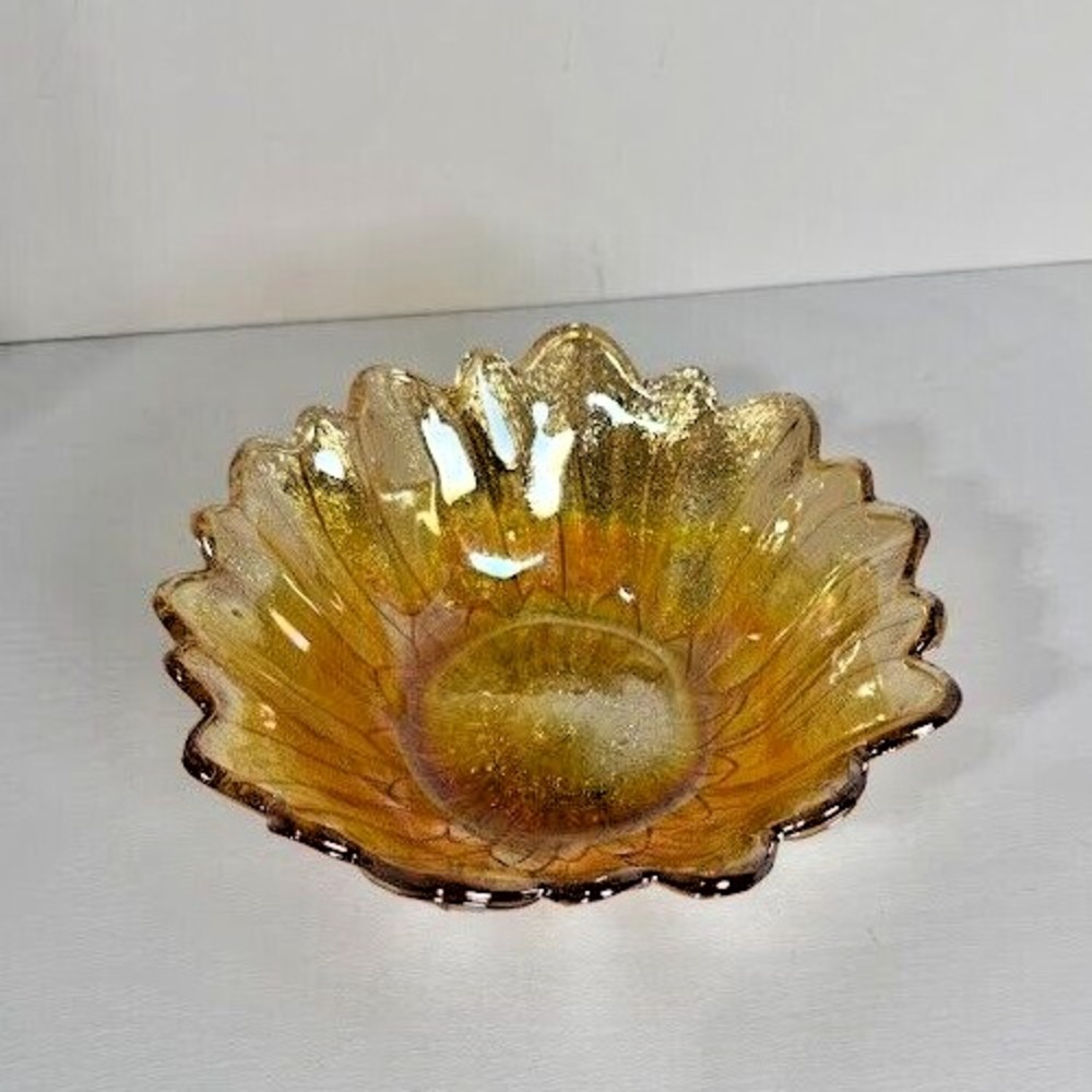 Vtg MCM Indiana Carnival Glass Bowl 7 in Lily Pons Sunflower Marigold Iridescent